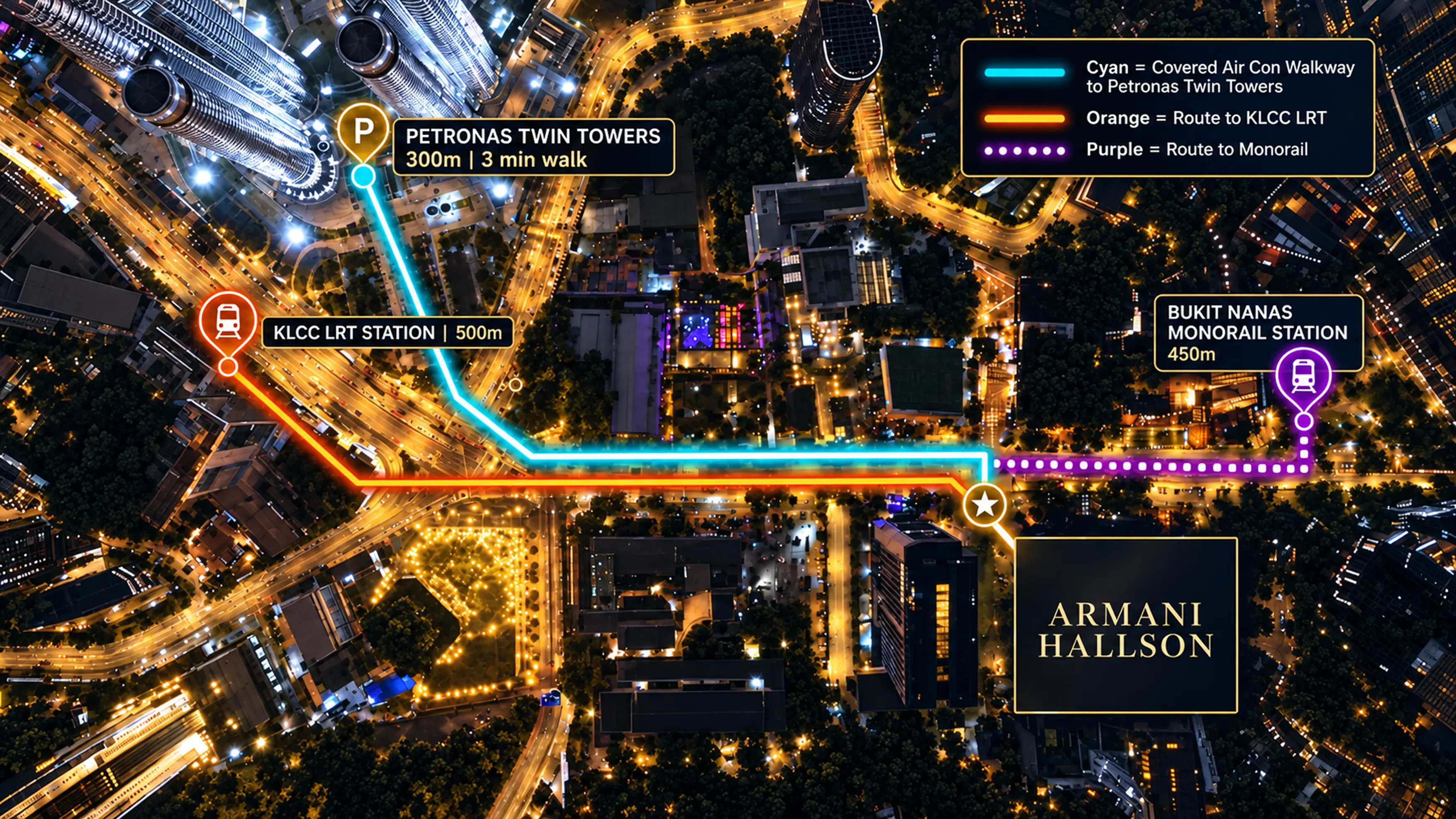 Armani Hallson KLCC Connected Location Map - Petronas Twin Towers, KLCC LRT and Bukit Nanas Monorail